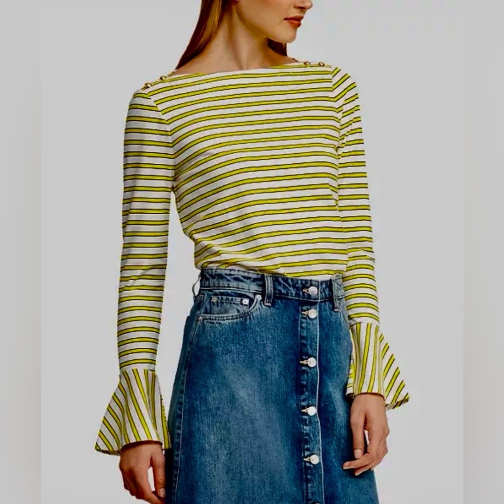 Ralph Lauren Nautical Stripe Boat Neckline Festival Top Flare Bell Sleeve SZ Med